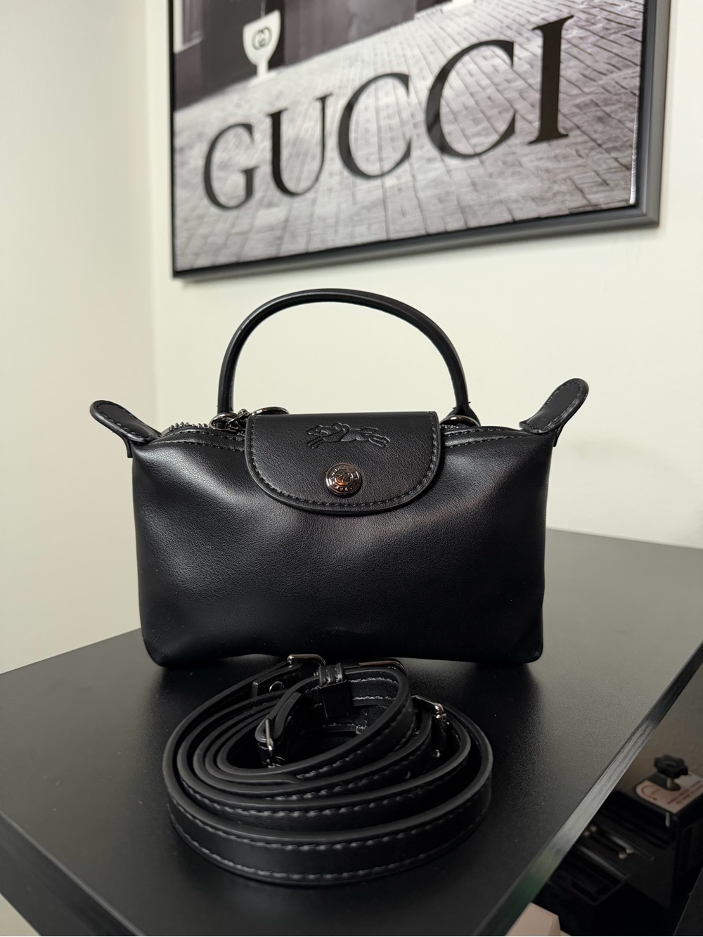 Longchamp Black Leather Top-Handle Crossbody Bag